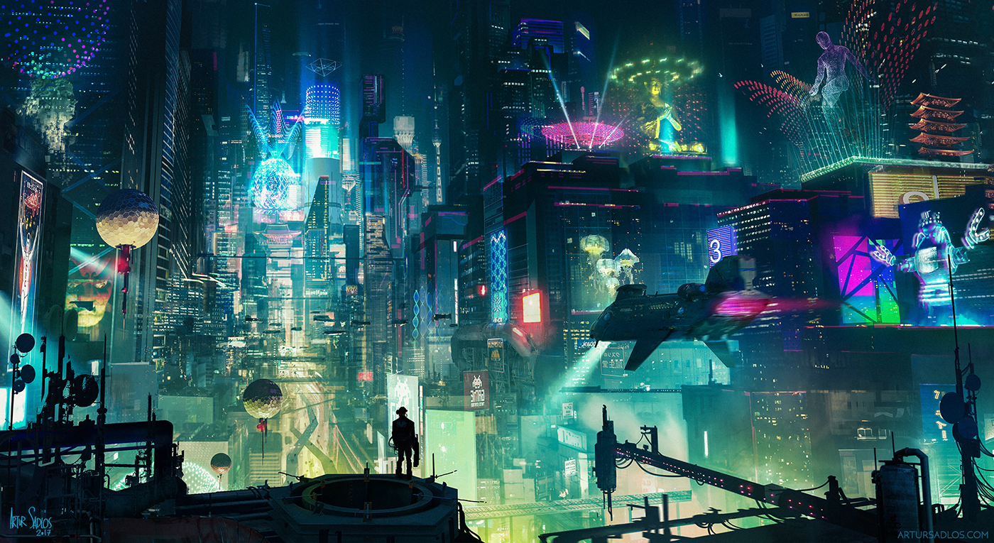 Cyberpunk city skyline at night — anime cultural context visual